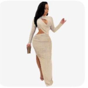 Beige Cutout Long Sleeve Maxi Dress with Side Slit